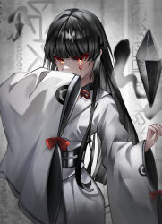 Rule 34 | 1girl, absurdres, black hair, blunt bangs, colored eyelashes, covering own mouth, eyelashes, facial mark, highres, houraisan kaguya, japanese clothes, kimono, long hair, long sleeves, looking at viewer, red eyes, sleeves past fingers, sleeves past wrists, smile, solo, standing, touhou, upper body, very long hair, white kimono, wide sleeves, yomatsuri (festival night)