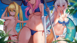 Rule 34 | 3girls, ahoge, ass, beach umbrella, bikini, blonde hair, blue bikini, blue sky, blurry, blurry background, blurry foreground, breasts, bright pupils, butt crack, cleavage, closed mouth, cowboy shot, day, depth of field, fang, fang out, fate/grand order, fate (series), fox tail, frilled bikini, frills, from below, green eyes, hair intakes, hand to own mouth, highres, horns, innertube, kiyohime (fate), kiyohime (fate/grand order), kiyohime (swimsuit lancer) (fate), kiyohime (swimsuit lancer) (third ascension) (fate), large breasts, multiple girls, navel, nero claudius (fate), nero claudius (fate) (all), nero claudius (swimsuit caster) (fate), ninsaki (9saki), outdoors, pink hair, red eyes, side-tie bikini bottom, sideboob, sidelocks, skin fang, sky, stitched, striped bikini, striped clothes, swim ring, swimsuit, tail, tamamo (fate), tamamo no mae (fate/extra), tamamo no mae (swimsuit lancer) (fate), thighs, third-party edit, umbrella, untied bikini, wet, white hair, yellow eyes