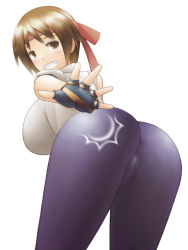 Rule 34 | + (tas28282000), 1girl, ass, bare shoulders, blush, breasts, brown eyes, brown hair, cameltoe, fingerless gloves, from behind, gloves, grin, headband, highres, large breasts, leaning, leaning forward, ryuuko no ken, shiny clothes, short hair, sideboob, simple background, smile, snk, solo, spanked, spanking, the king of fighters, the king of fighters xiv, white background, yuri sakazaki