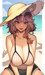 Rule 34 | 1girl, :d, absurdres, arknights, beach, bikini, bikini top only, black shorts, blue sky, braid, breasts, brown hair, cloud, commentary, day, distr, eyewear on head, fang, hair ornament, hat, highres, large breasts, looking at viewer, navel, ocean, open mouth, outdoors, purple eyes, round eyewear, sand, short hair, shorts, single braid, skin fang, sky, smile, solo, straw hat, striped bikini, striped clothes, sunglasses, swimsuit, utage (arknights), vertical-striped bikini, vertical-striped clothes, x hair ornament, yellow hat