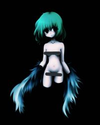 Rule 34 | 1girl, amputee, bar censor, black background, black eyes, blue wings, breasts, censored, commentary request, completely nude, expressionless, green hair, highres, looking to the side, low wings, medium hair, navel, nomura kitan, nude, original, quadruple amputee, simple background, small breasts, solo, wings