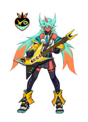 Rule 34 | 1girl, absurdres, black skirt, black thighhighs, breasts, colored skin, concept art, electric guitar, fang, fingernails, green hair, guitar, hair ornament, heart, heart hair ornament, highres, holding, holding instrument, horns, instrument, jacket, liyart, logo, looking at viewer, medium breasts, multicolored hair, nail polish, necktie, official art, omega strikers, orange eyes, orange hair, red skin, shoes, simple background, single horn, skirt, solo, thighhighs, two-tone hair, vyce (omega strikers), white background