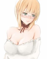 Rule 34 | 1girl, artist request, bare shoulders, blonde hair, blush, breasts, cleavage, glasses, green eyes, large breasts, lowres, non-web source, solo, sweatdrop, white background