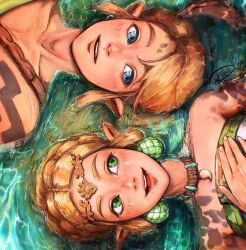 Rule 34 | 1boy, 1girl, absurdres, bare shoulders, blonde hair, blue eyes, choker, collarbone, commentary, dress, earrings, facial mark, from above, green eyes, hand on own chest, headpiece, highres, jewelry, light blush, link, lips, looking at another, lying, nintendo, official alternate hair length, official alternate hairstyle, on back, open mouth, parted bangs, parted lips, pointy ears, princess, princess zelda, short hair, sideways glance, signature, strapless, strapless dress, swept bangs, the legend of zelda, the legend of zelda: tears of the kingdom, upper body, water, xriviia