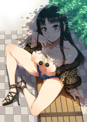 Rule 34 | 1girl, akiyama mio, animal print, bench, black hair, bracelet, breasts, denim, denim shorts, earrings, female pubic hair, from above, grin, high heels, jewelry, k-on!, large breasts, legs, leopard print, long hair, long legs, looking at viewer, mizuryu kei, navel, navel piercing, nipples, open shoes, piercing, prostitution, pubic hair, puffy nipples, shade, shoes, shorts, sitting, smile, solo, topless, unzipped