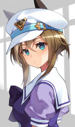 Rule 34 | 1girl, animal ears, aqua eyes, breasts, bright pupils, brown hair, character request, cheval grand (umamusume), closed mouth, from side, hat belt, highres, horse ears, looking at viewer, looking to the side, medium breasts, puffy short sleeves, puffy sleeves, sailor collar, school uniform, short sleeves, solo, suneru, tracen school uniform, umamusume, upper body, white headwear, white pupils
