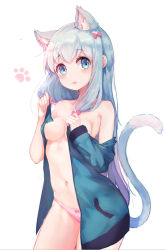 Rule 34 | 10s, 1girl, animal ears, bare shoulders, blue eyes, blush, bow, bow panties, breasts, cat ears, cat girl, cat tail, collarbone, eromanga sensei, green jacket, hair bow, izumi sagiri, jacket, kemonomimi mode, long hair, long sleeves, looking at viewer, medium breasts, navel, no bra, open clothes, open jacket, open mouth, panties, pink bow, pink panties, silver hair, simple background, solo, standing, tail, underwear, very long hair, white background, xing
