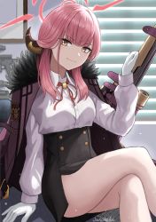 Rule 34 | 1girl, artist name, aru (blue archive), bare legs, black skirt, blue archive, breasts, brown eyes, closed mouth, crossed legs, fur-trimmed jacket, fur trim, gloves, highres, holding, holding weapon, horns, jacket, jacket on shoulders, junshiki, long hair, looking at viewer, neck ribbon, pink hair, purple jacket, red ribbon, ribbon, shirt, simple background, sitting, skirt, smile, solo, weapon, white gloves, white shirt