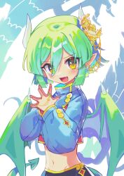 Rule 34 | 1girl, absurdres, brown eyes, crop top, draco centauros, dragon girl, dragon horns, dragon tail, dragon wings, fang, green eyes, highres, horns, long sleeves, navel, offbeat, open mouth, pointy ears, puyopuyo, short hair, solo, tail, wings