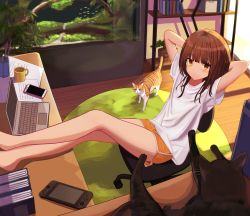 Rule 34 | 1girl, arms behind back, bare legs, barefoot, black cat, blunt bangs, book, bookshelf, brown hair, carpet, cat, cellphone, chair, commentary request, computer, cup, desk, feet out of frame, fish tank, highres, indoors, laptop, leaning back, legs, legs on table, looking at viewer, medium hair, mug, nintendo switch, office chair, orange shorts, original, phone, plant, shadow, shirt, short shorts, shorts, sidelocks, sitting, solo, sorami sachi, sunlight, swivel chair, t-shirt, tabby cat, white shirt, yellow eyes