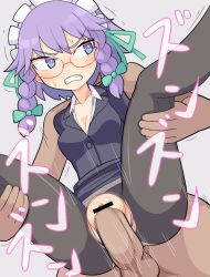 Rule 34 | 1boy, 1girl, bar censor, black jacket, black pantyhose, black skirt, blazer, blue eyes, bow, braid, breasts, bright pupils, buttons, censored, clenched teeth, clothed female nude male, clothed sex, clothes lift, collared shirt, commentary, cookie (touhou), dutch angle, glasses, green bow, green ribbon, grey background, hair bow, hair ribbon, hetero, hospital king, izayoi sakuya, jacket, light purple hair, long sleeves, maid headdress, medium bangs, medium breasts, medium hair, nude, office lady, pantyhose, pencil skirt, penis, pussy, red-framed eyewear, reverse suspended congress, ribbon, ryuuga (cookie), sex, sex from behind, shirt, side braids, simple background, skirt, skirt lift, solo focus, teeth, testicles, torn clothes, torn pantyhose, touhou, twin braids, vaginal, white pupils, white shirt