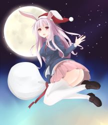 Rule 34 | 1girl, :d, absurdres, animal ears, ass, backlighting, bad id, bad pixiv id, black footwear, blazer, blush, christmas, flying, full body, full moon, hat, highres, jacket, light purple hair, long hair, long sleeves, looking at viewer, looking to the side, moon, necktie, night, night sky, no panties, open mouth, pink skirt, rabbit ears, rabbit girl, red eyes, red necktie, reisen udongein inaba, sack, santa hat, shoes, skirt, sky, smile, solo, star (sky), starry sky, surota, thighhighs, touhou, white thighhighs