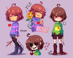Rule 34 | !, ahoge, androgynous, anger vein, ankle boots, bad id, bad tumblr id, bandaid, bandaid on face, black blood, blood, blood on clothes, blood on face, bloody knife, bloody tears, blush stickers, boots, broken heart, brown hair, chara (undertale), closed eyes, colored blood, dripping, english text, evil smile, flower, flowey (undertale), frisk (undertale), gameplay mechanics, gender request, heart, heart necklace, jewelry, kneehighs, knife, leggings, messy hair, necklace, open mouth, red eyes, sandragh, shaded face, shorts, smile, socks, spoilers, stick, striped clothes, striped sweater, sweater, thorns, twitter username, undertale, watermark, web address
