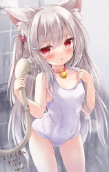 Rule 34 | 1girl, animal ear fluff, animal ears, bad id, bad pixiv id, bell, blush, breasts, cat ears, cat girl, choker, commission, covered navel, grey hair, hair ornament, hairclip, highres, jingle bell, kata rosu, long hair, one-piece swimsuit, original, red eyes, school swimsuit, shower head, showering, skeb commission, small breasts, solo, swimsuit, thighs, tile wall, tiles, two side up, wet, wet clothes, wet swimsuit, white one-piece swimsuit