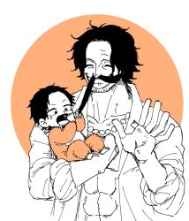 Rule 34 | 2boys, ^ ^, abs, aged down, baby, circle, closed eyes, commentary request, father and son, gol d. roger, greyscale with colored background, highres, holding baby, holding mustache, jewelry, long mustache, male focus, multiple boys, mustache, necklace, nrrn03, one piece, open clothes, open shirt, orange background, orange pajamas, pajamas, portgas d. ace, short hair, simple background, sleeves rolled up, smile, upper body