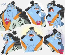 Rule 34 | ^ ^, black hair, blue skin, cape, closed eyes, colored skin, curly eyebrows, eating, expressions, facial hair, fangs, fangs out, fish boy, glaring, hand up, highres, japanese clothes, jinbe (one piece), laughing, male focus, multiple views, one piece, open mouth, qin (7833198), smile, surprised, tattoo, white background