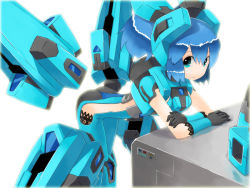 Rule 34 | 1girl, aqua eyes, arm support, bent over, blue hair, clothing cutout, cosmic break, gloves, hashiro, hayo, leaning forward, lily rain, mecha musume, no nose, side cutout, simple background, sleeveless, solo