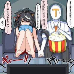 Rule 34 | 1boy, 1girl, animal ears, bad id, bad pixiv id, barefoot, black hair, commentary request, couch, food, highres, holding hands, horse ears, horse girl, horse tail, kitasan black (umamusume), medium hair, pillow, popcorn, red eyes, ryuryu mt, scared, shaking, sitting, tail, tears, trainer (umamusume), translation request, umamusume, watching television