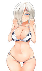 Rule 34 | 10s, 1girl, animal print, bad id, bad pixiv id, bikini, blue eyes, breasts squeezed together, breasts, cleavage, cow print, female focus, hair ornament, hair over one eye, hairclip, hamakaze (kancolle), kantai collection, large breasts, navel, seductive smile, simple background, smile, solo, swimsuit, thigh gap, white background, white hair, wide hips, yostxxx