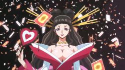 Rule 34 | 10s, 1girl, animated, animated gif, black background, black hair, bouncing breasts, breasts, card, cleavage, code geass, code geass: nunnally in wonderland, earrings, hair ornament, heart, huge filesize, jewelry, kimura takahiro, large breasts, long hair, marianne vi britannia, mature female, necklace, no bra, open clothes, purple eyes, screencap, shiny skin, smile, solo, wavy hair