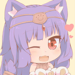 Rule 34 | 1girl, ;3, ;d, animal ears, animal hands, bare shoulders, cat ears, chibi, cleopatra (sengoku collection), fang, gloves, hazuki ruu, heart, long hair, one eye closed, open mouth, paw gloves, purple hair, red eyes, sengoku collection, smile, solo, tiara, upper body