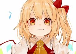 Rule 34 | 1girl, ascot, bad id, bad twitter id, blonde hair, blush, bow, closed mouth, dated, eighth note, flandre scarlet, frilled shirt collar, frills, gotou (nekocat), hair bow, highres, looking at viewer, musical note, no headwear, puffy short sleeves, puffy sleeves, red bow, red eyes, short hair, short sleeves, side ponytail, simple background, smile, solo, touhou, upper body, white background, wings, yellow ascot
