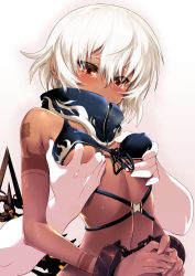 Rule 34 | 10s, 1girl, bdsm, bikini, black rock shooter, blush, bondage, bound, bound wrists, grabbing another&#039;s breast, breasts, chain, covered erect nipples, covered mouth, cuffs, dark skin, from side, front-tie bikini top, front-tie top, grabbing, grabbing from behind, hair between eyes, highres, hip focus, looking down, m-da s-tarou, own hands together, pale skin, petite, rape, red eyes, ribs, short hair, small breasts, solo focus, strap gap, strength (black rock shooter), swimsuit, tail, tattoo, tears, underboob, upper body, white hair, zipper
