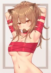 Rule 34 | 1girl, animal ear fluff, animal ears, arknights, armpits, arms behind head, arms up, blush, breasts, brown eyes, brown hair, candy, chocolate, chocolate heart, collarbone, commentary, english commentary, food, hair between eyes, heart, highres, long hair, looking at viewer, medium breasts, mouth hold, naked ribbon, navel, ponytail, red ribbon, reiji-rj, ribbon, siege (arknights), simple background, solo, upper body, valentine