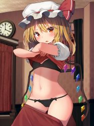 Rule 34 | 1girl, absurdres, black bra, black panties, blonde hair, blush, bra, breasts, cameltoe, clothes pull, flandre scarlet, hat, highres, indoors, looking at viewer, mamemochi, mob cap, navel, necktie, open mouth, orange eyes, panties, ribbon, skirt, skirt pull, small breasts, solo, standing, sweat, touhou, underwear, undressing, white hat, wings, yellow necktie