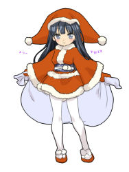 Rule 34 | 10s, 1girl, 2013, bag, black hair, blush, child, female focus, fur trim, gloves, grey eyes, jacket, long hair, looking at viewer, merry christmas, obi, original, orion (orionproject), pantyhose, sandals, santa costume, sash, simple background, skirt, solo, standing, straight hair, text focus, thighhighs, translated, white thighhighs, wide sleeves