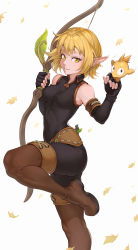 Rule 34 | 1girl, animal, bare shoulders, belt, black gloves, blonde hair, blush, bodysuit, boots, bow (weapon), breasts, brown footwear, brown thighhighs, cheshirrr, closed mouth, collarbone, covered navel, cra (wakfu), dofus, elbow gloves, elf, evangelyne (wakfu), falling leaves, fingerless gloves, freckles, full body, gloves, green eyes, hands up, highres, leaf, leg up, looking at viewer, medium breasts, parted lips, pointy ears, short hair, sleeveless, smile, solo, standing, standing on one leg, thigh boots, thighhighs, tofu (dofus), wakfu, weapon