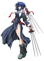 Rule 34 | 00s, 1girl, armband, between fingers, black keys (type-moon), blue eyes, blue hair, boots, ciel (tsukihime), holding, legs, matching hair/eyes, priest, priestess, profile, short hair, solo, sword, thighs, tsukihime, weapon