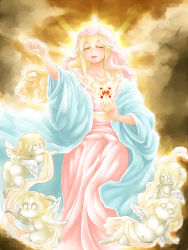 Rule 34 | bare shoulders, blonde hair, blush, cherub, christianity, clarice (idolmaster), cloud, cloudy sky, dress, closed eyes, halo, hand on own chest, heart, highres, idolmaster, idolmaster cinderella girls, long hair, long sideburns, open mouth, outstretched hand, parody, pink dress, religion, shawl, sideburns, sky, smile, solo, style parody, sunlight, tobatoinu, veil, wide sleeves, wings