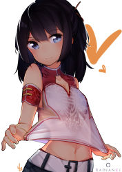 Rule 34 | 1girl, armlet, belt, blue eyes, blush, breasts, buckle, cleavage, cleavage cutout, closed mouth, clothes pull, clothing cutout, collarbone, emblem, highres, looking at viewer, navel, pulled by self, see-through, shirt, shirt pull, signature, simple background, small breasts, smile, solo, tsurime, upper body, white background, white shirt, yuzas