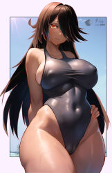 Rule 34 | 1girl, absurdres, arm behind back, black hair, blue sky, blush, border, breasts, collarbone, colored eyelashes, commentary request, commission, covered erect nipples, curvy, dark-skinned female, dark skin, hair over one eye, hand on own hip, highres, large breasts, long hair, looking at viewer, ocean, original, outside border, pixiv commission, red eyes, signature, sky, solo, standing, swimsuit, tan, taut clothes, taut swimsuit, thick thighs, thighs, vodeferr