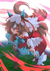 Rule 34 | 1girl, animal ears, blush, breasts, brown hair, closed mouth, collarbone, commentary request, detached sleeves, glowing, glowing eyes, grass, hair between eyes, hair ornament, highres, horse ears, horse girl, horse tail, looking at viewer, red eyes, running, small breasts, solo, still in love (umamusume), tail, thighhighs, umamusume, veil, white background, zukki (bijitaru)