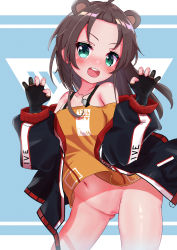 Rule 34 | 1girl, :d, absurdres, animal ears, bear ears, black gloves, blue background, blue jacket, blush, bottomless, brown hair, claw pose, cleft of venus, cowboy shot, dog tags, extra ears, forehead, gloves, green eyes, highres, hololive, jacket, long hair, long sleeves, looking at viewer, natsuiro matsuri, natsuiro matsuri (gaming casual), navel, off-shoulder shirt, off shoulder, ontake2009, open clothes, open jacket, open mouth, orange shirt, parted bangs, partially fingerless gloves, pussy, shirt, smile, solo, teeth, upper teeth only, v-shaped eyebrows, virtual youtuber