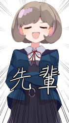 Rule 34 | 1girl, absurdres, blue jacket, brown hair, collared shirt, commentary, crossed arms, emphasis lines, eyebrows hidden by hair, closed eyes, facing viewer, flipped hair, highres, jacket, light blush, love live!, love live! superstar!!, nagisa iori, neck ribbon, open clothes, open jacket, open mouth, red ribbon, ribbon, school uniform, shirt, short hair, simple background, solo, tang keke, translated, white background, white shirt, winter uniform, yuigaoka school uniform