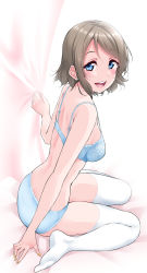 Rule 34 | 1girl, arm support, arm up, bare arms, bare back, blue bra, blue eyes, blue panties, blush, bra, breasts, curtains, floral print, grey hair, highres, looking at viewer, looking back, love live!, love live! sunshine!!, medium breasts, medium hair, nail polish, open mouth, panties, simple background, sitting, sleeveless, smile, solo, teeth, thighhighs, underwear, underwear only, upper teeth only, wariza, watanabe you, white background, white thighhighs, yopparai oni