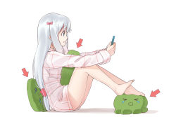 Rule 34 | &gt; &lt;, 10s, 1girl, :o, arrow (symbol), bad id, bad pixiv id, bare legs, barefoot, blue eyes, bow, cellphone, coffeiz p, commentary request, eromanga sensei, from side, full body, hair bow, izumi sagiri, long hair, long sleeves, low-tied long hair, pajamas, parted lips, phone, pillow, pink bow, profile, shirt, silver hair, simple background, sitting, sleeves rolled up, smartphone, solo, stuffed animal, stuffed octopus, stuffed toy, teardrop, white background, white pajamas, white shirt