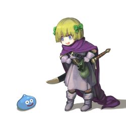 Rule 34 | 1girl, blonde hair, cape, character request, dragon quest, dragon quest v, highres, jun (navigavi), slime (creature), sword, weapon, white background