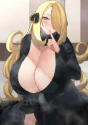 Rule 34 | 1girl, absurdres, black coat, blonde hair, blood hood, blush, breasts, cleavage, coat, creatures (company), cynthia (pokemon), finger to mouth, fur collar, fur trim, game freak, grey eyes, hair ornament, hair over one eye, highres, huge breasts, index finger raised, leaning forward, long hair, long sleeves, looking at viewer, mature female, nintendo, pokemon, pokemon dppt, shushing, solo, very long hair
