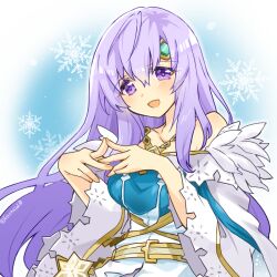 Rule 34 | 1girl, alternate costume, dress, fire emblem, fire emblem: genealogy of the holy war, fire emblem heroes, gem, jewelry, julia (fire emblem), julia (resplendent) (fire emblem), long hair, necklace, nintendo, official alternate costume, open mouth, own hands clasped, own hands together, purple eyes, purple hair, simple background, solo, yukia (firstaid0)