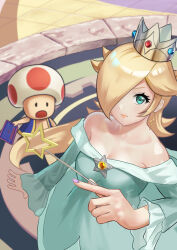 Rule 34 | 1boy, 1girl, absurdres, bare shoulders, blonde hair, blue dress, blue eyes, blue vest, brooch, crown, dress, earrings, eyelashes, hair over one eye, highres, holding, holding wand, jewelry, kurere1202, long hair, long sleeves, looking at viewer, mario (series), nintendo, off-shoulder dress, off shoulder, purple nails, resolution mismatch, rosalina, source smaller, star (symbol), star earrings, super mario galaxy, toad (mario), vest, wand