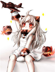 Rule 34 | 10s, 1girl, abyssal ship, ahoge, aircraft, airplane, bad id, bad pixiv id, covered mouth, holding, horns, kantai collection, long hair, mittens, northern ocean princess, pale skin, red eyes, reitou mikan, silver hair, sitting, solo, sparkle, white mittens