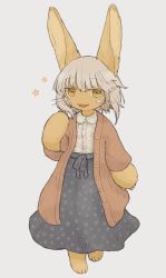 Rule 34 | 1other, alternate costume, androgynous, animal ears, brown eyes, casual, full body, furry, highres, kawasemi27, long sleeves, looking at viewer, made in abyss, nanachi (made in abyss), parted lips, short hair, smile, solo, whiskers, white hair