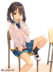 Rule 34 | 1girl, black socks, blue bow, blue shirt, blue skirt, bow, breasts, brown eyes, brown hair, cardigan, chair, closed mouth, collared shirt, commentary request, desk, flat chest, knee up, koutaro, looking at viewer, on chair, original, pleated skirt, school chair, school desk, school uniform, shirt, shoes, skirt, small breasts, smile, socks, solo, twintails, twitter username, uwabaki, white background, white cardigan, white footwear