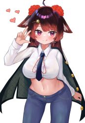 Rule 34 | 1girl, :q, absurdres, ahoge, blue pants, breasts, brown hair, cape, closed mouth, collared shirt, commission, cowboy shot, crop top, floppy ears, flower, hair flower, hair ornament, hairclip, hand up, heart, highres, large breasts, leaning forward, long hair, long sleeves, looking at viewer, midriff, navel, necktie, pants, pocari (sq551), purple eyes, rose, shirt, short necktie, smile, solo, standing, stomach, tongue, tongue out, vrchat, w, white shirt
