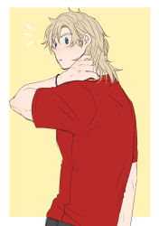 Rule 34 | 1boy, blonde hair, blue eyes, boku no hero academia, expression request, from behind, hair down, hair tie, long bangs, looking back, male focus, medium hair, parted bangs, parted hair, red shirt, scrunchie, shirt, short sleeves, solo, t-shirt, tama4664amat, togata mirio, two-tone background, wrist scrunchie