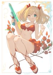 Rule 34 | 1girl, ;q, bangle, bare shoulders, bikini, blonde hair, blush, bow, bracelet, breasts, brown footwear, closed mouth, collarbone, commentary, english commentary, english text, flower, full body, green eyes, hagi (ame hagi), hair bow, highres, holding, idolmaster, idolmaster cinderella girls, jewelry, medium breasts, navel, one eye closed, red bikini, red bow, red flower, red rose, rose, sandals, sato shin, smile, solo, swimsuit, tongue, tongue out, twintails, water gun, white background